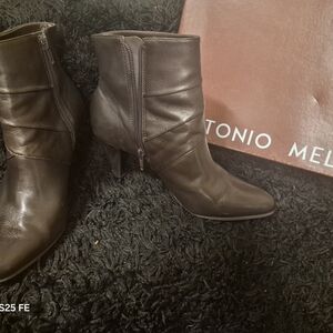 ANTONIO MELANI Dark Brown Leather Pointed-Toe Ankle Boots with Side Zip